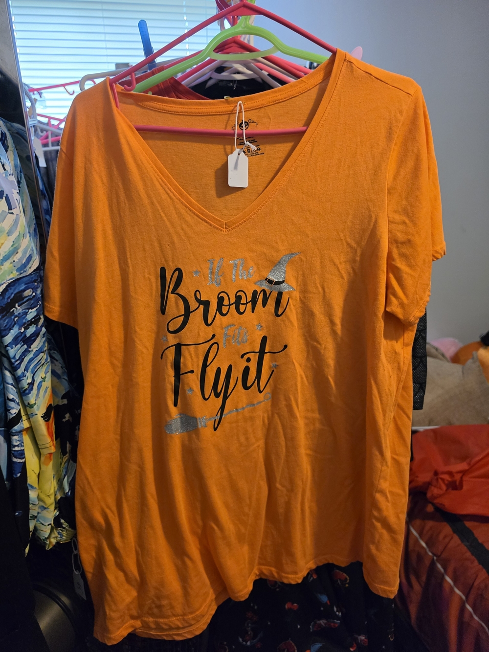 Orange V-Neck Graphic Tee - 'If The Broom Fits Fly It'